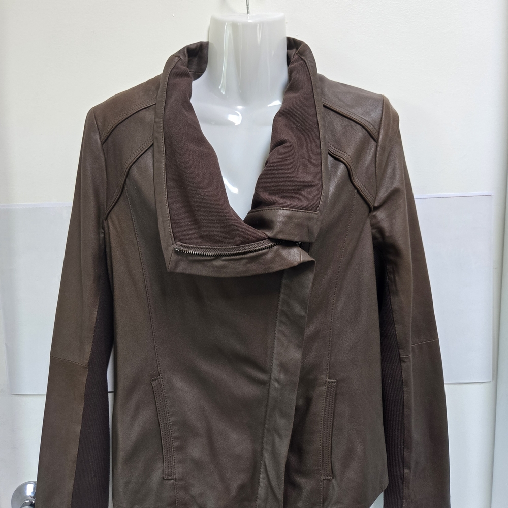 Elie Tahari Brown Leather Jacket Asymmetrical Design